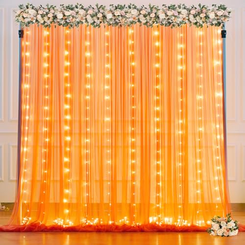 Orange Tulle Backdrop Curtain with Lights String for Parites 10x8ft Sheer Backdrop Curtains Drapes for Birthday Party Baby Shower Wedding Ceremony Prom Halloween Photo Booth Background Decorations - color: Orange, size: 10 ft X 8 ft(2 Panels 5ft X 8ft)