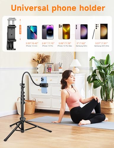 Phone Tripod, 86" Tall Tripod for iPhone with Flexible Gooseneck & Remote, Portable Aluminum Cellphone Stand for Selfies, Video Recording,Travel, Compatible with iPhone Android - size: 86 Inch