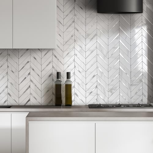 DICOFUN 10-Sheet Herringbone Tile Peel and Stick Backsplash, Polished White Marble PVC Mixed Metal Silver Stick on Backsplash for Kitchen and Bathroom Wall - color: Polished White Marble and Metal Silver, size: 10 Sheets, 12"x12"x0.12"
