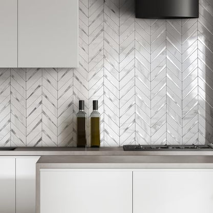 DICOFUN 10-Sheet Herringbone Tile Peel and Stick Backsplash, Polished White Marble PVC Mixed Metal Silver Stick on Backsplash for Kitchen and Bathroom Wall - color: Polished White Marble and Metal Silver, size: 10 Sheets, 12"x12"x0.12"