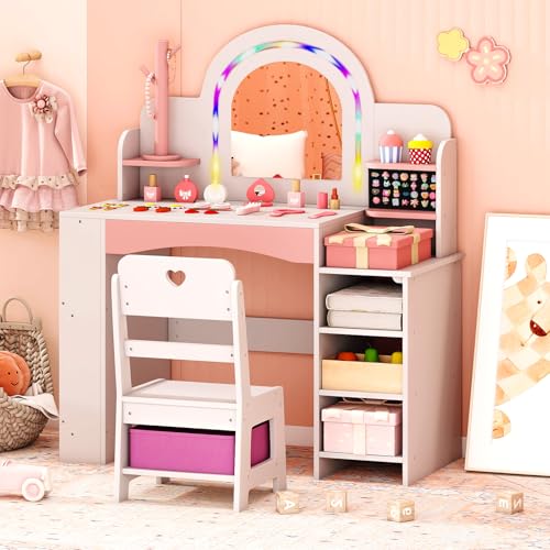 Costzon Kids Vanity, Girls Vanity Set with Lighted Mirror, Bookshelf, Jewelry Storage, Toddler Makeup Vanity Desk Dressing Table, Wooden Kids Vanity Table and Chair Set (White) - style: White
