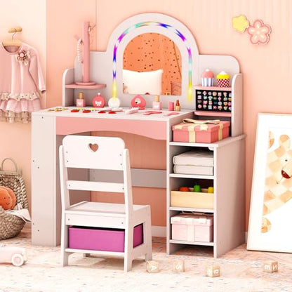 Costzon Kids Vanity, Girls Vanity Set with Lighted Mirror, Bookshelf, Jewelry Storage, Toddler Makeup Vanity Desk Dressing Table, Wooden Kids Vanity Table and Chair Set (White) - style: White