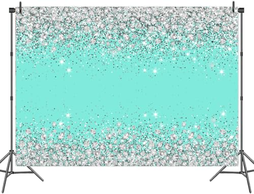 7x5FT Glitter Silver and Turquoise Backdrop Blue Shinning Diamond Happy Birthday Party Bridal Shower Wedding Decorations Banner Photography Background Photo Shoot Props - color: Turquoise, size: 7X5FT