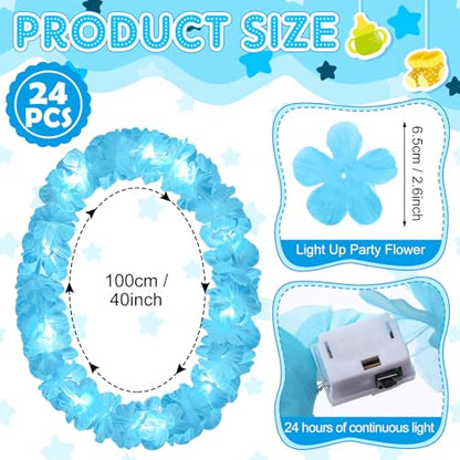 Sherr 24 Pcs LED Leis Light up Wedding Hawaiian Leis Flower Necklace with LED Lights Beach Tropical Carnival Party Wedding Supplies Luau for Masquerade(Baby Blue) - color: Baby Blue
