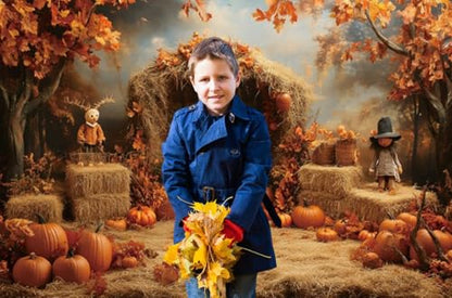 Fall Thanksgiving Backdrop 10x6.5ft Vinyl Autumn Pumpkin Maple Leaves Harvest Scarecrow Rustic Wood Door Photoshoot Photography Background Decorations Baby Birthday Portrait Studio Booth Props - size: 10X6.5FT