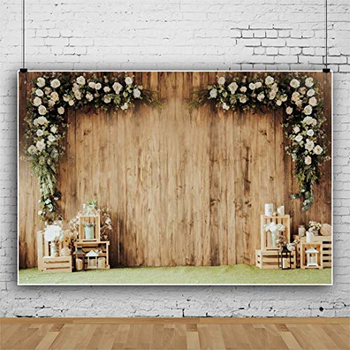 10x8ft Polyester Wedding Backdrop Rustic Floral Flower Wood Wall Backdrop Bridal Shower Reception Ceremony Photography Background Wedding Proposal Party Kids Birthday Party YouTube Photo Prop - size: 10x8ft-Polyester