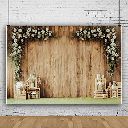 10x8ft Polyester Wedding Backdrop Rustic Floral Flower Wood Wall Backdrop Bridal Shower Reception Ceremony Photography Background Wedding Proposal Party Kids Birthday Party YouTube Photo Prop - size: 10x8ft-Polyester