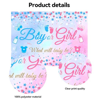 10x8 FT Gender Reveal Boy Or Girl Photo Backdrop He Or She What Will Baby Be Blue Pink Footprints Glitter Dots Star Party Decorations Photography Background Polyester - size: 10x8 FT