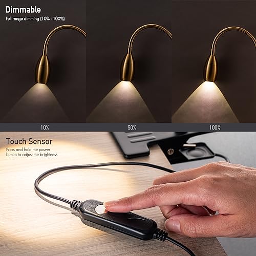 O'Bright Lumos - Versatile Clip-on Lamp: Zoomable Spotlight, Dimmable LED, Flexible Gooseneck, 4000K Light, 100% Metal Clamp - Ideal for Reading, Crafting, Work, and Headboards, Antique Brass - color: Antique Brass