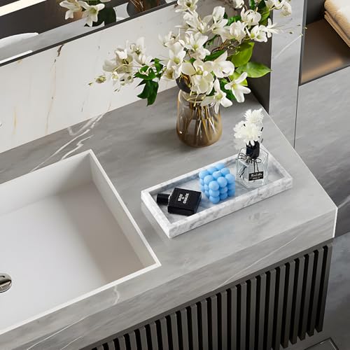 Real Natural Marble Tray for Bathroom, Vanity, Kitchen and Desktop, Rectangle Genuine Marble Stone Tray for Jewelry, Cosmetics, Candles, Lotion, Perfume and Home Decor, 12"x5" Size - color: White, size: 12" x 5" x 1.2"