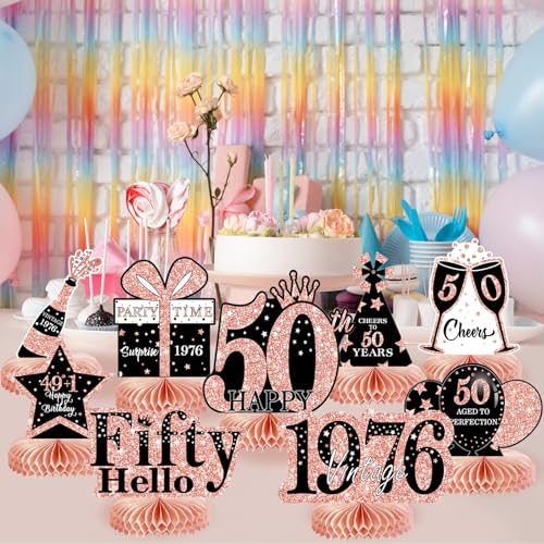 9Pcs 50th Birthday Decorations Honeycomb Centerpieces for Women, Rose Gold Pink Happy 50th Birthday Centerpieces Tables Toppers Party Decorations Supplies, Vintage 1976 Aged Table Sign Decor - color: Rose Gold 50th