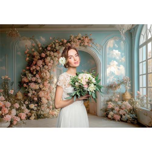 5x3ft Floral Wall Photography Background Romantic Style Arch Door Oil Painting Flowers Photo Background for Women Wedding Party Banner Supplies Girls Birthday Decorations Photoshoot Studio - color: pink and blue-1, size: 5x3ft