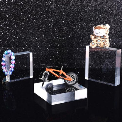 Vicenpal 4 Pieces Acrylic Square Display Block 3 x 3 x 1 Inches, 4 x 4 x 1 Inches Clear Polished Acrylic Cube Acrylic Jewelry Display Stand Ring Showcase Display Holder Base