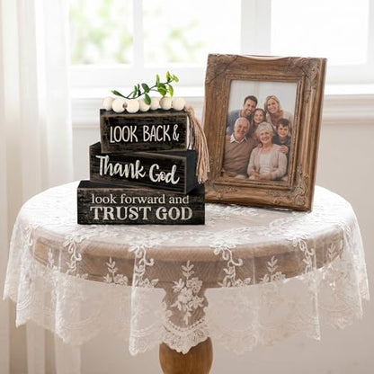 Moucuny 4 Pcs Farmhouse Table Decor Inspirational Wooden Signs Rustic Eucalyptus Leaves Wooden Block Sign Gift Thank and Trust God Farmhouse Table Centerpiece for Living Room Housewarming Gift - style: Black