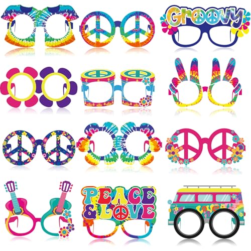 Pajean 36 Pcs 60s Party Decorations 60's Photo Booth Prop 60 Hippie Themed Eyeglasses Paper Glasses Frame Tie Dye Groovy Peace Love Themed Favor for 60's Hippie Birthday Party Favor Supplies - style: Hippie