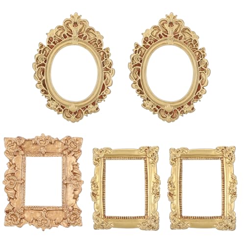 5 Pcs Miniature Picture Frames Vintage Dollhouse Photo Frames with Carved Golden Edges for Wall Hanging Desktop Display Jewelry Showcase Miniature Props for Dollhouse Model Train Garden - color: Gold