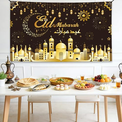 Ramadan Eid Mubarak Decorations - 5.9 x 3.6 Ft Gold Black Muslim Islamic Photography Backdrop Photo Booth Prop Decor Set Eid Al Fitr عيد مبارك Arabic Version Party Supplies for Home
