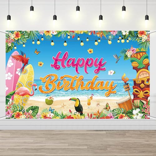 AIBIIN Summer Beach Birthday Party Banner Summer Birthday Party Decorations 6 x 3.6 ft Tropical Theme Happy Bday Backdrop for Women Girls Adults - color: Happy Birthday, size: 6x3.6ft