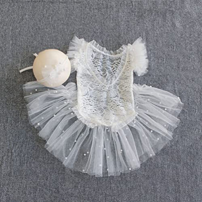 Newborn Photography Props Outfits Princess Baby Girl Pearl Lace Rompers Headdress Infant Baby Girl Photoshoot Costume - color: White