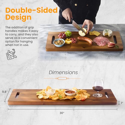 TIDITA 30" Large Acacia Wood Charcuterie Board with Handles - Extra Long Wooden Serving Cheese Boards - Rectangular Serving Platter for Meat Steak, Cracker Appetizers, Fruit Decorative Display Party - size: 30" x 9.8" x 1"