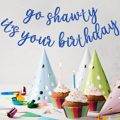Go Shawty It's Your Birthday Banner, Hip Hop Birthday Party Decorations Supplies, Rap Theme Bday Bunting Sign, Pre-strung, Photo Props (Blue) - color: Blue