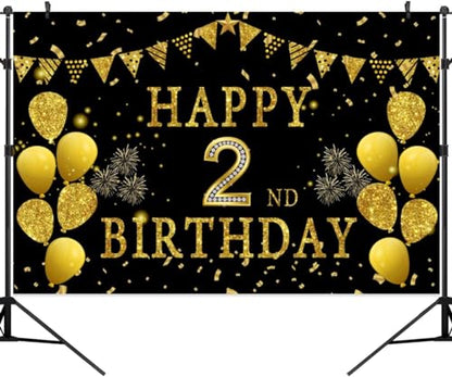 5x3ft Happy 2nd Birthday Party Photography Backdrop, Glitter Black and Gold Balloons Background for Girl Boy Second Bday Shining Diamond Two Years Old Birthday Party Supplies - color: 2nd, size: 5x3ft