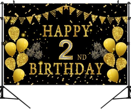 5x3ft Happy 2nd Birthday Party Photography Backdrop, Glitter Black and Gold Balloons Background for Girl Boy Second Bday Shining Diamond Two Years Old Birthday Party Supplies - color: 2nd, size: 5x3ft