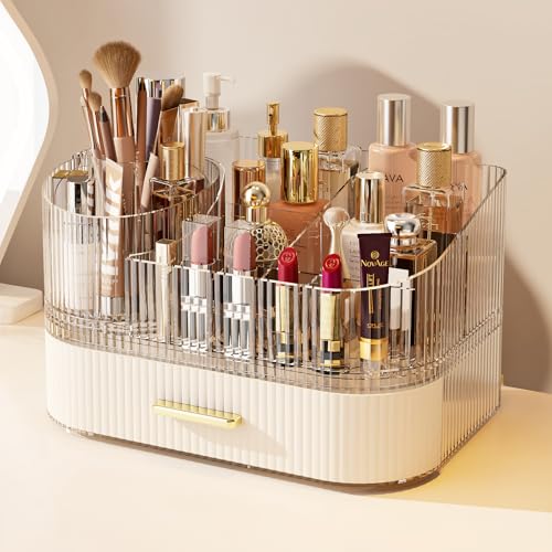 Makeup Organizer with 360° Rotating Brush Holder and Stackable Drawers, Cosmetic Display Case for Vanity, Bathroom Countertop (White, 2 Layer) - color: White, size: 2 Layer