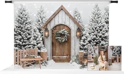 Kate Christmas Winter Cabin Snowy Fence White Green Tree Backdrop Photo Background Studio Props,7x5ft