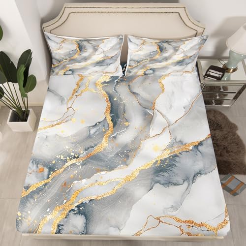 Manfei Marble Fitted Sheet Full Size, Grey Marbling Bedding Set, Abstract Stone Texture Bed Cover with 2 Pillowcases, Kids Boys Girls Room Decor, Soft Polyester Bedding(No Top Sheet) - color: Grey Gold, size: FULL (W54*L75*H16")