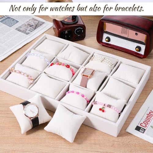2 Pcs Velvet Watch Tray, 12 Grid Jewelry Organizer Stackable Tray Watch Bracelet Bangle Display Holder with Adjustable Pillows for Woman Man (Beige)