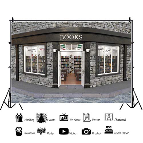 Haoyiyi 8x6ft Books Store Backdrop Bright School Library Bookshelf Bookstore Stone Wall Background for Photography Teaching Online Class Decoration Student Artistic Portrait Photo Props Polyester