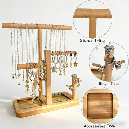 Solid Wood Jewelry Tower Organizer - 3-Tier Tree Holder Stand with 11 Earring Holes, 2 T-bar for bracelets Necklace or watches, Ring Tree & Display Tray (natural wood) - color: natural wood