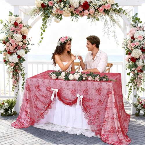 B-COOL Red Lace Table Cloth Wedding Vintage 60x120 Inch 2 Pieces Floral Tablecloth for Rectangle Tables Rustic Indoor Outdoor Ceremony Decor - color: Red, size: 60" x 120" (2 Pieces Rectangle)