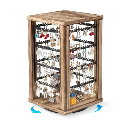 Emfogo 360 Earring Holder Organizer, Rustic Wood Earring Stand, Rotating Wooden Display, 4 Tiers Earring Organizer Stand for Stud Earrings, Hoop Earrings & Necklaces, Women Gifts - color: Brown