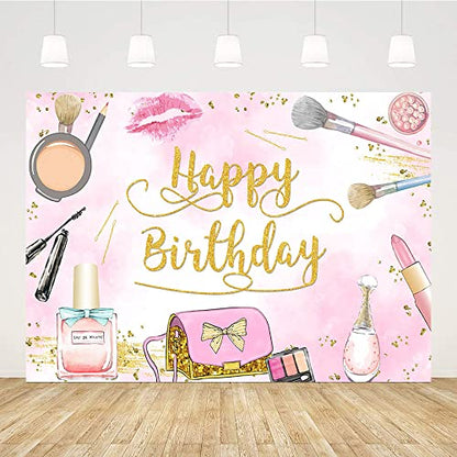 Sendy 7x5ft Makeup Happy Birthday Backdrop for Girl Pink Makeup Spa Glamour Cosmetics Photography Background Adult Women Makeup Birthday Party Decorations Banner Photo Booth Props