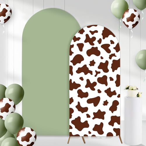 2Pcs Cow Print Arch Backdrop Covers Set Sage Green Brown(7.2ft+6ft), Spandex Fitted Arch Stand Covers for Baby Shower Birthday Bridal Shower Western Farm Photo Booth Background - color: Sage Green & Brown-Cow Print, size: 7.2FT/6FT