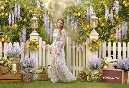 Kate Spring Lemon Tree Backdrop for Photography Purple Floral Garden Background Photo Fabric Props 10x8ft - size: 10x8ft