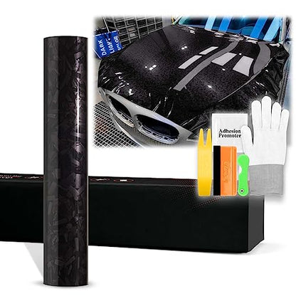 20"x60" (1.6FTx5FT) Black PET Marble Forged Carbon Fiber Textured Gloss Vinyl Wrap Auto Car Sticker Decal Film Sheet Bubble Free Air Release Technology with Tool Kit - color: Black, size: 20"x60" (1.6FTx5FT)