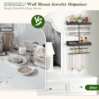 Keebofly Wall Mounted Jewelry Organizer with 2 Tired Shelves & Ring Holder- Jewelry Holder Wall Storage Display for Earrings, Necklace, Bracelet in Bathroom Bedroom, Black - color: Black with 2-Tiered Shelf and Ring Holder