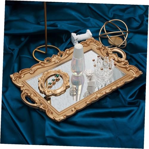 Retro Cosmetic Storage Tray and Mirror Plate, Golden Rectangular Vintage Makeup Organizer for Perfume Display and Photography Props, European Style Decorative Vanity Tray for Home