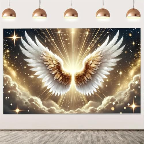 Platinum Gradient Angel Wings Birthday Backdrop Deep Starry Sky Golden Holy Light Clouds Baby Pregnant Bride Pregnant Bride Photography for Weddings Coming-of-Age Ceremonies (B, 6X4FT) - color: B, size: 6X4FT