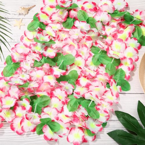 Hoteam 24 Counts Pink White Hawaiian Leis Necklace Tropical Flower Lei Floral Luau Party Decorations Hawaiian Flower Luau Necklaces Hula Dance Garland Headbands for Beach Birthday Wedding Party Favor - color: Pink White