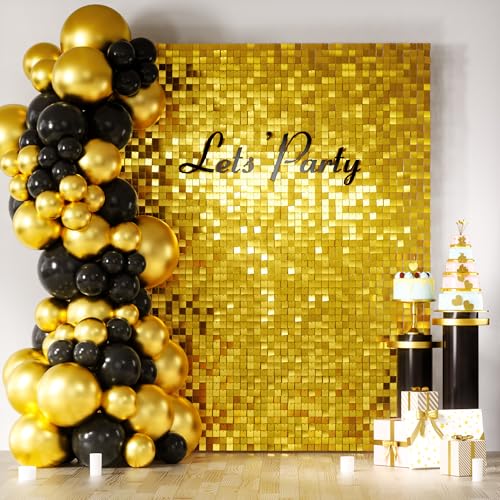 COKAOBE Gold Shimmer Wall Backdrop, 24PCS Square Sequin Shimmer Backdrop Panel, Photo Backdrops for Birthday, Anniversary, Wedding, Graduation & Bachelorette Party Decoration - color: Gold, size: 24pcs (6x4ft)