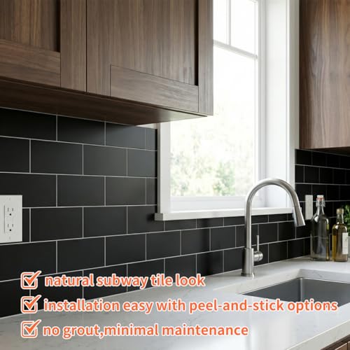 10- Sheet Polished Black Peel and Stick Backsplash, 12’’Luxury Ceramic Look Self Stick Subway Tiles, Waterproof Peel and Stick Wall Tiles for Kitchen and Bathrrom - color: Black
