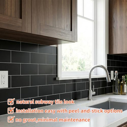 10- Sheet Polished Black Peel and Stick Backsplash, 12’’Luxury Ceramic Look Self Stick Subway Tiles, Waterproof Peel and Stick Wall Tiles for Kitchen and Bathrrom - color: Black