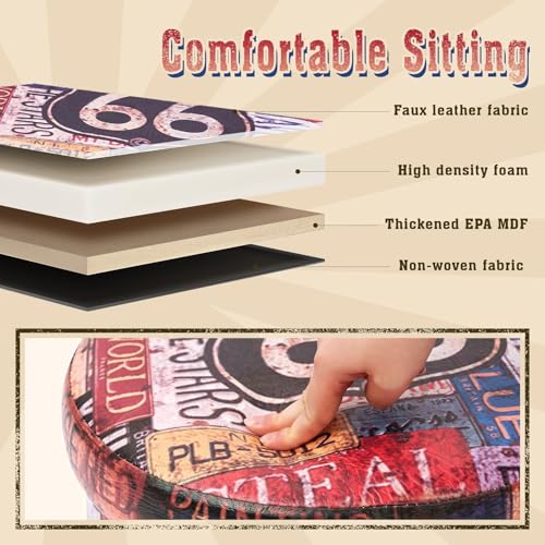 B FSOBEIIALEO Folding Storage Ottoman Round, Faux Leather Foot Rest Seat, Storage Organizer Chest 15" (Route 66 Barrel) - size: 15*15*15 inches