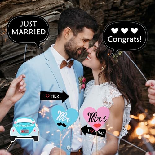 Kotbs 52pcs Wedding Photo Booth Props, Bachelorette Party Photo Booth Prop Kit for Bridal Shower, Engagement and Valentines Party, Photobooth Props Wedding Party Supplies