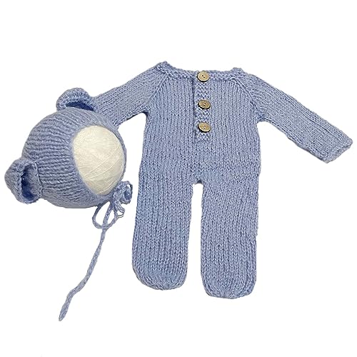 2Pcs Newborn Photography Props Boy Photo Posing Outfits Baby Photoshoots Girl Crochet Bear Hat Romper - color: Blue