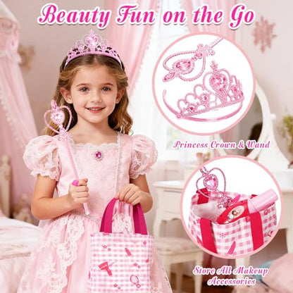 Toddler Vanity Kids Vanity Table and Chair Set, Girls Makeup Table with Mirror Lights & Music, Pretend Play Dress Up Toys with Hair Dryer, Princess Crown & Wand, Storage Bag, Gifts for Girls Age 3 4 5